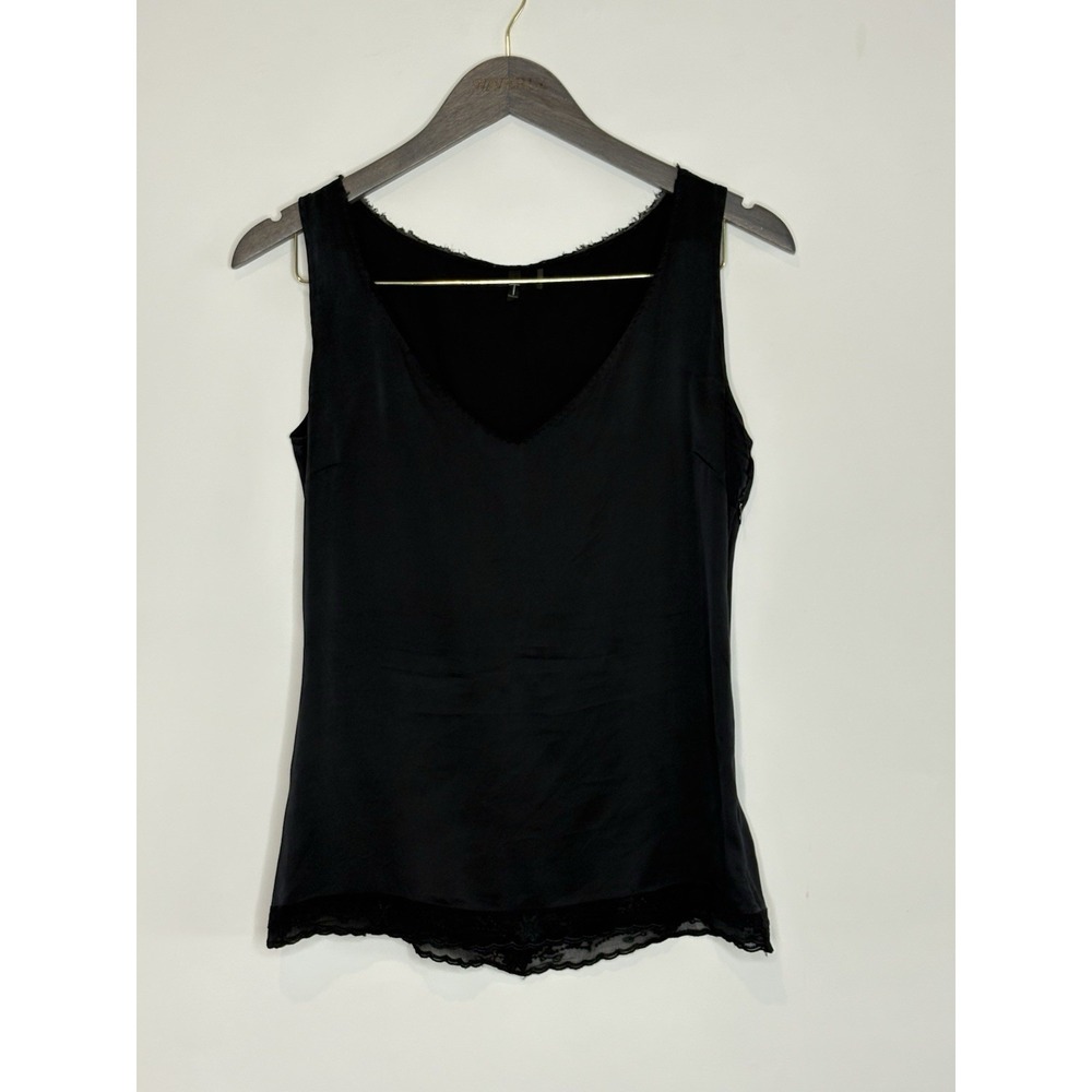 T Tahari Womens Small 100% Silk Satin Black Y2K V-Neck Lace Slip Top Camilsole